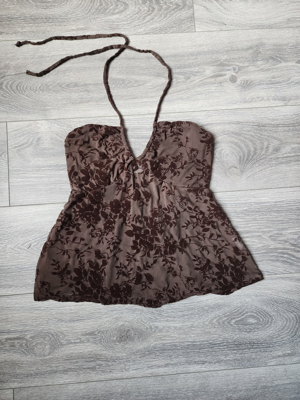 Brown Floral Velvet Burnout Halter Top Women's Medium Dark Coquette